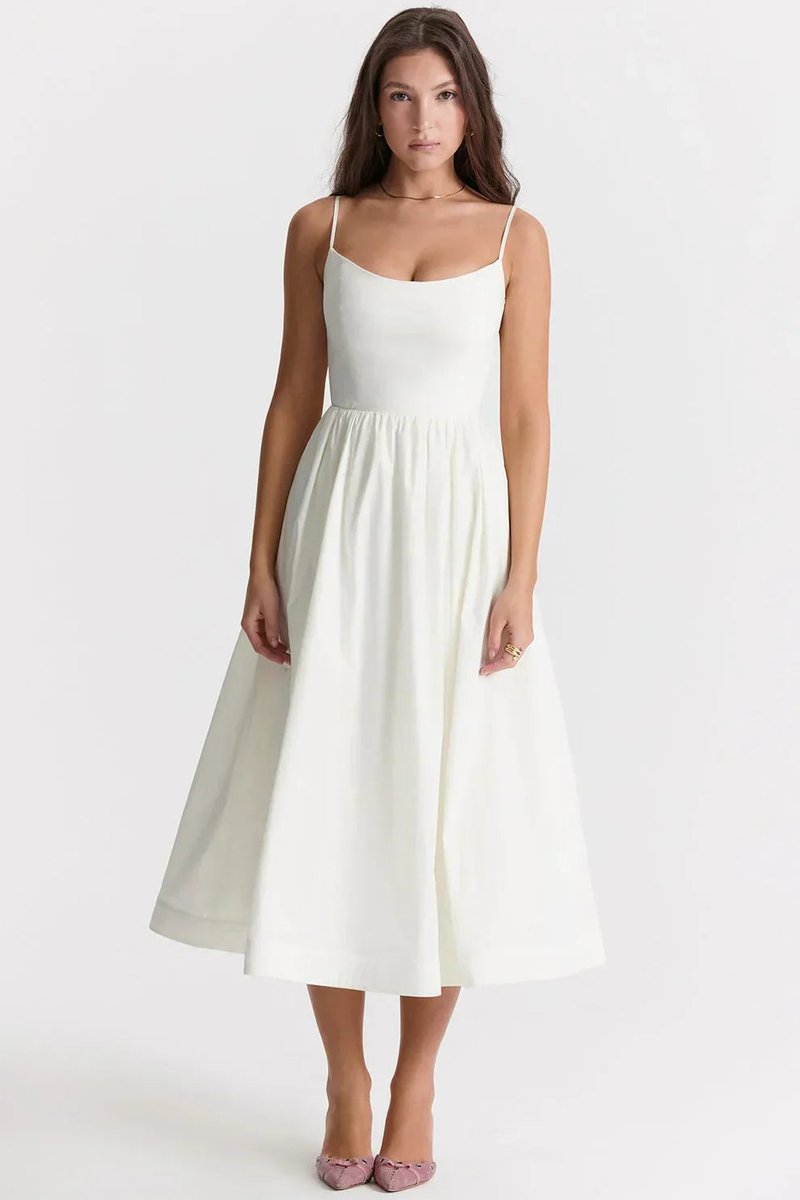 Women's Linen-Blend A-Line Fall Midi Dress Square Neck Spaghetti Strap