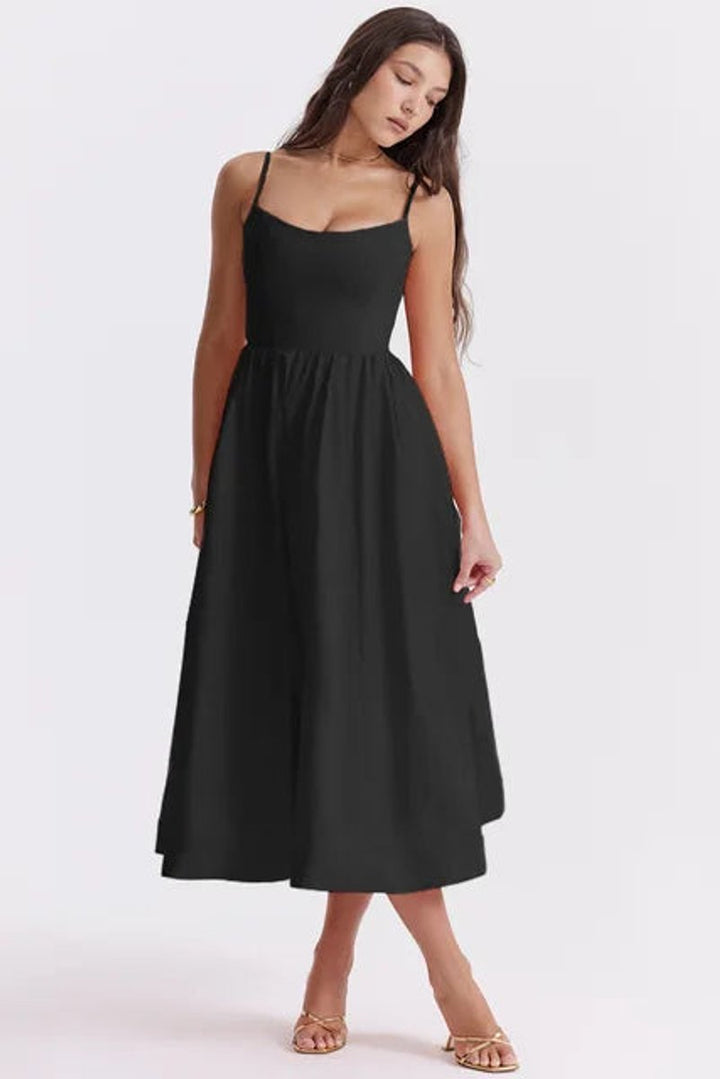Women's Linen-Blend A-Line Fall Midi Dress Square Neck Spaghetti Strap