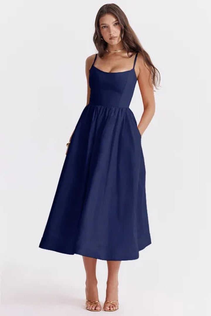 Women's Linen-Blend A-Line Fall Midi Dress Square Neck Spaghetti Strap