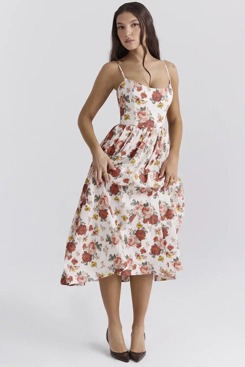 Women's Linen-Blend A-Line Fall Midi Dress Square Neck Spaghetti Strap