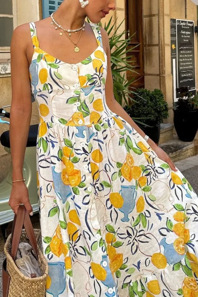 Women's Linen-Blend Citrus Print Fall Midi Dress Sleeveless Button-Front
