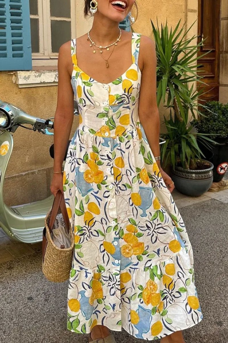 Women's Linen-Blend Citrus Print Fall Midi Dress Sleeveless Button-Front