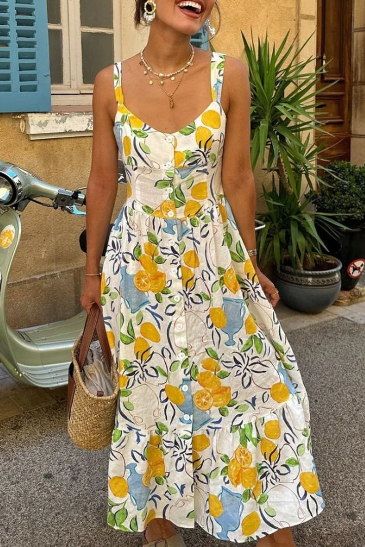 Women's Linen-Blend Citrus Print Fall Midi Dress Sleeveless Button-Front