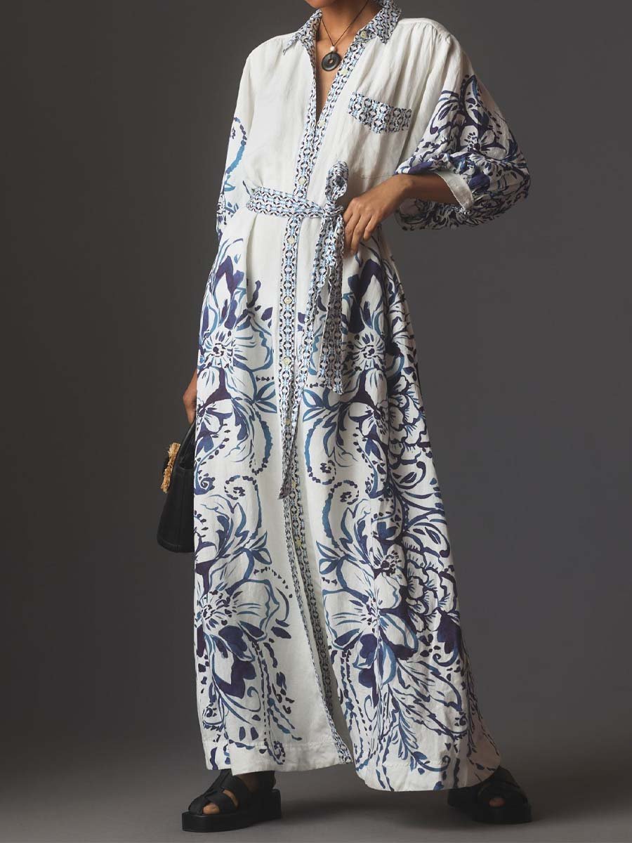 Women's Linen Button-Front Floral Fall Midi Dress