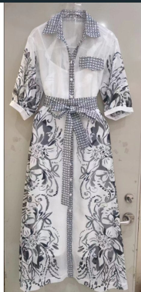 Women's Linen Button-Front Floral Fall Midi Dress