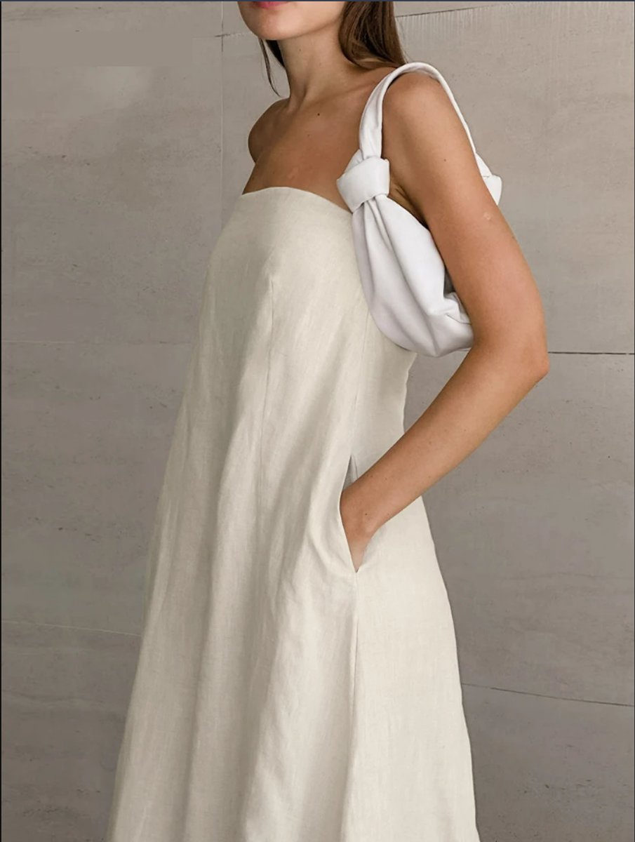 Women's Linen Tie-Shoulder Pocketed Fall Midi Dress
