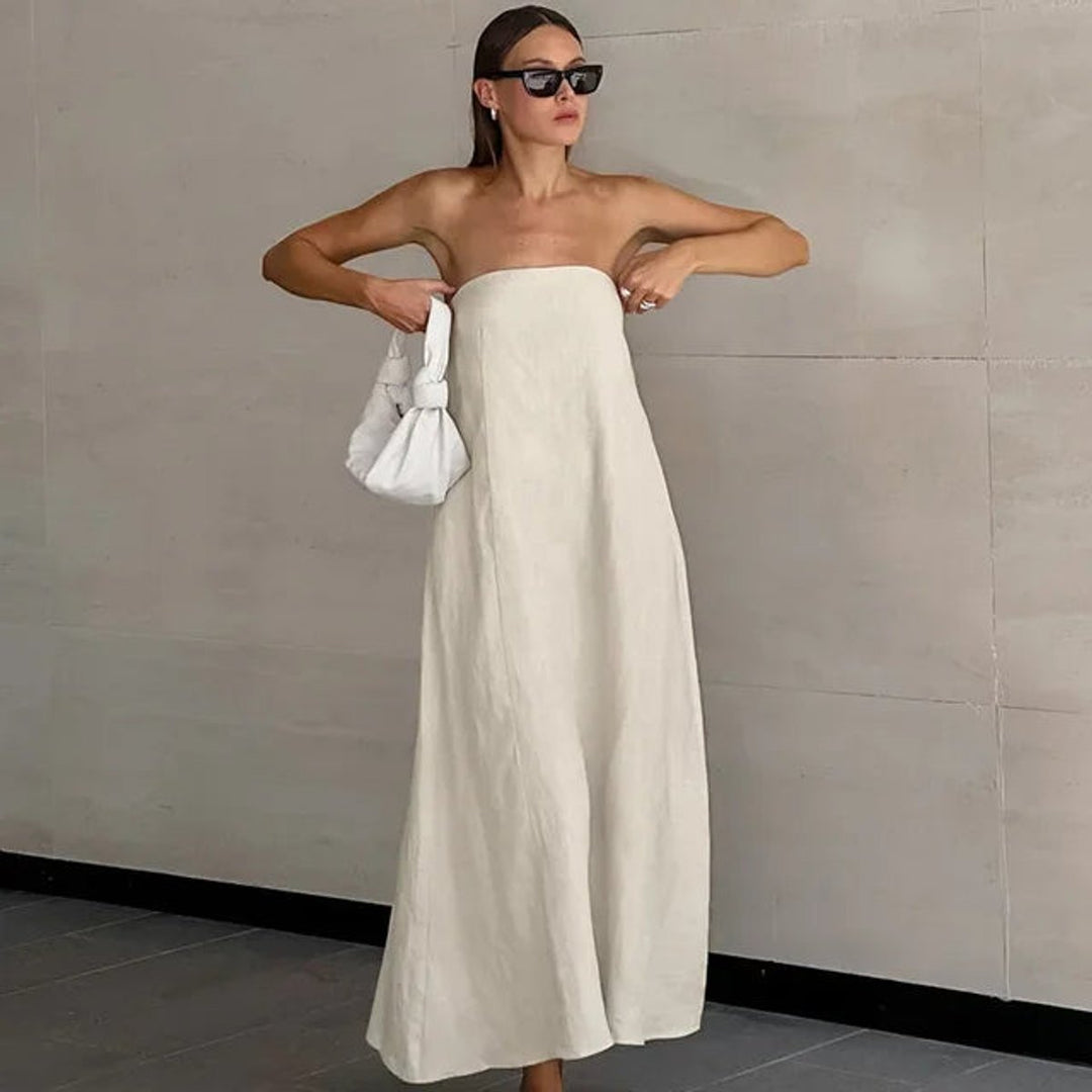 Women's Linen Tie-Shoulder Pocketed Fall Midi Dress