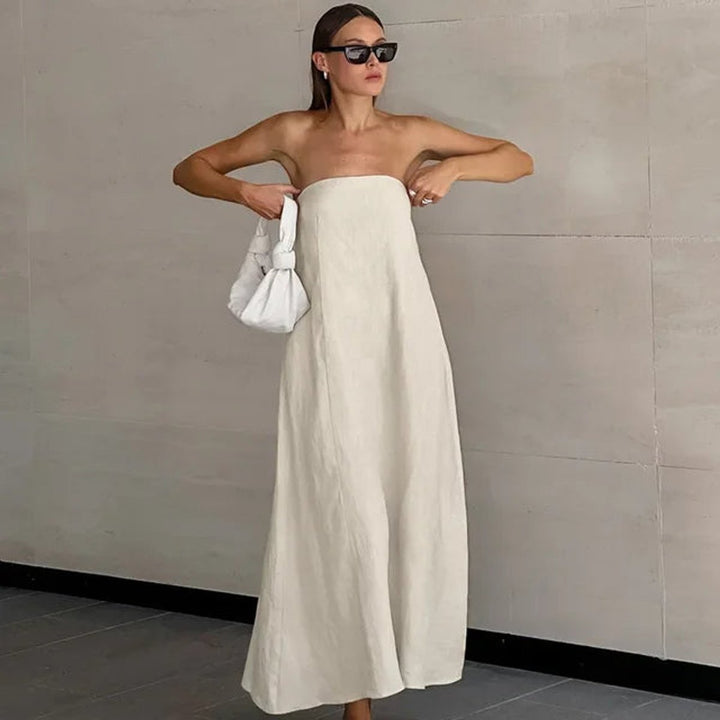 Women's Linen Tie-Shoulder Pocketed Fall Midi Dress