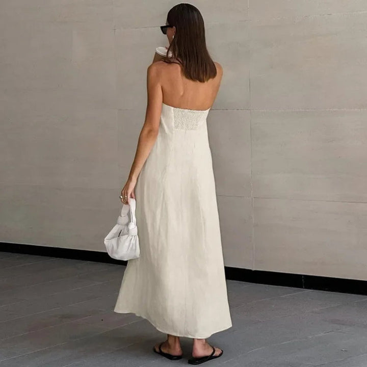 Women's Linen Tie-Shoulder Pocketed Fall Midi Dress
