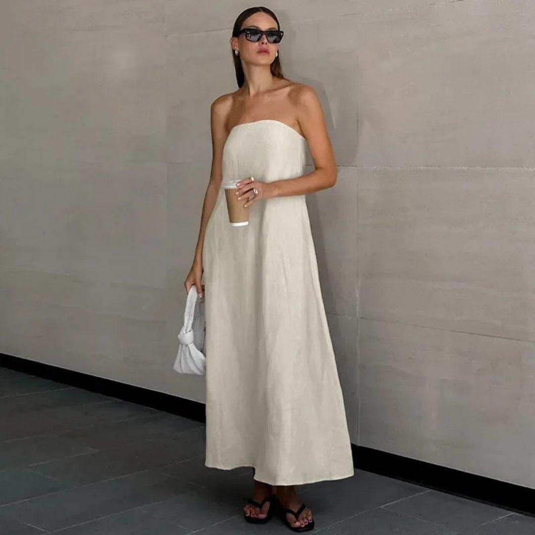 Women's Linen Tie-Shoulder Pocketed Fall Midi Dress