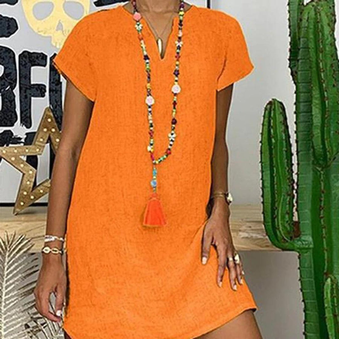 Women's Linen V-Neck Short-Sleeve Fall Midi Dress