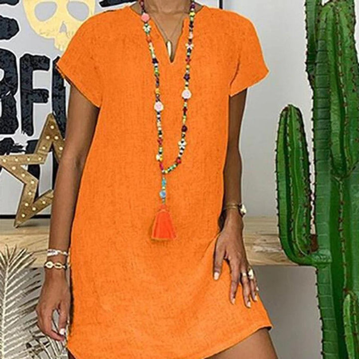 Women's Linen V-Neck Short-Sleeve Fall Midi Dress