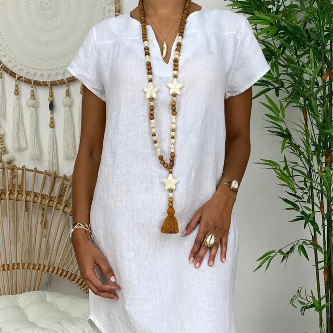 Women's Linen V-Neck Short-Sleeve Fall Midi Dress
