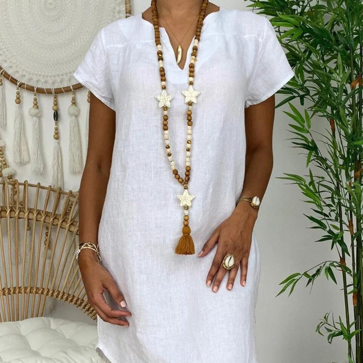 Women's Linen V-Neck Short-Sleeve Fall Midi Dress