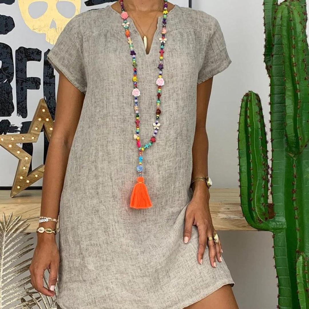 Women's Linen V-Neck Short-Sleeve Fall Midi Dress