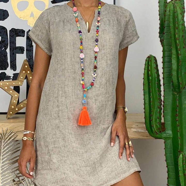 Women's Linen V-Neck Short-Sleeve Fall Midi Dress
