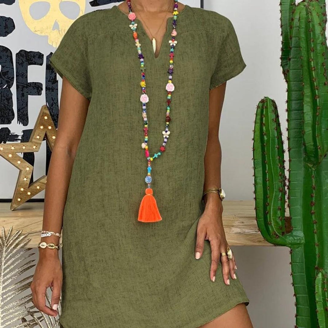 Women's Linen V-Neck Short-Sleeve Fall Midi Dress