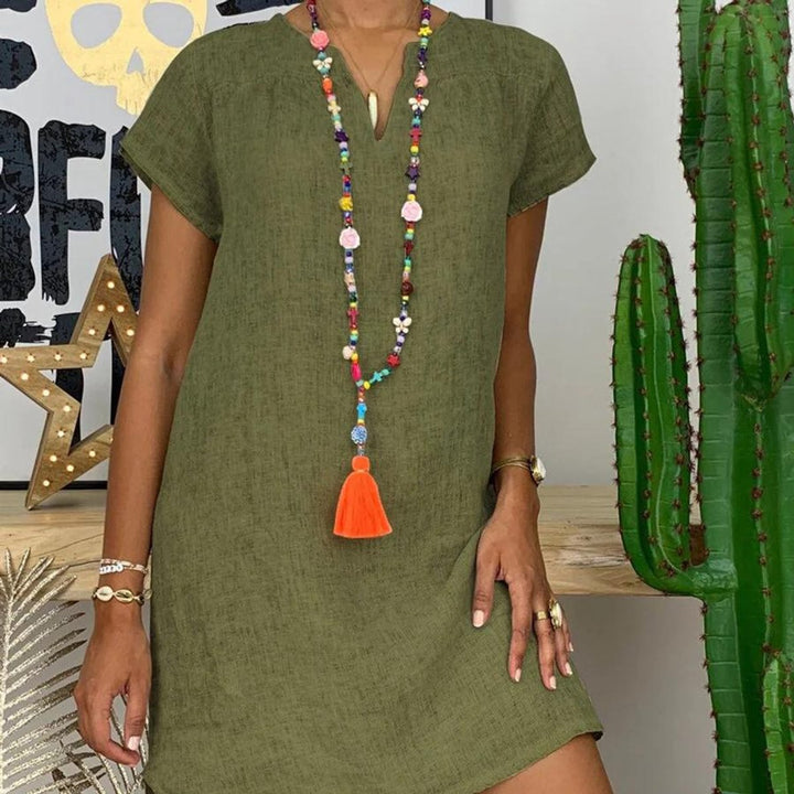 Women's Linen V-Neck Short-Sleeve Fall Midi Dress