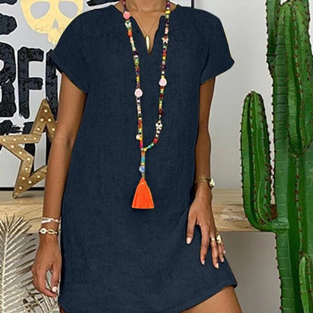 Women's Linen V-Neck Short-Sleeve Fall Midi Dress