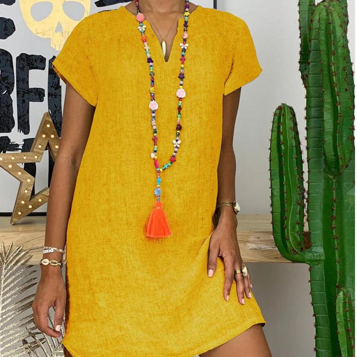 Women's Linen V-Neck Short-Sleeve Fall Midi Dress