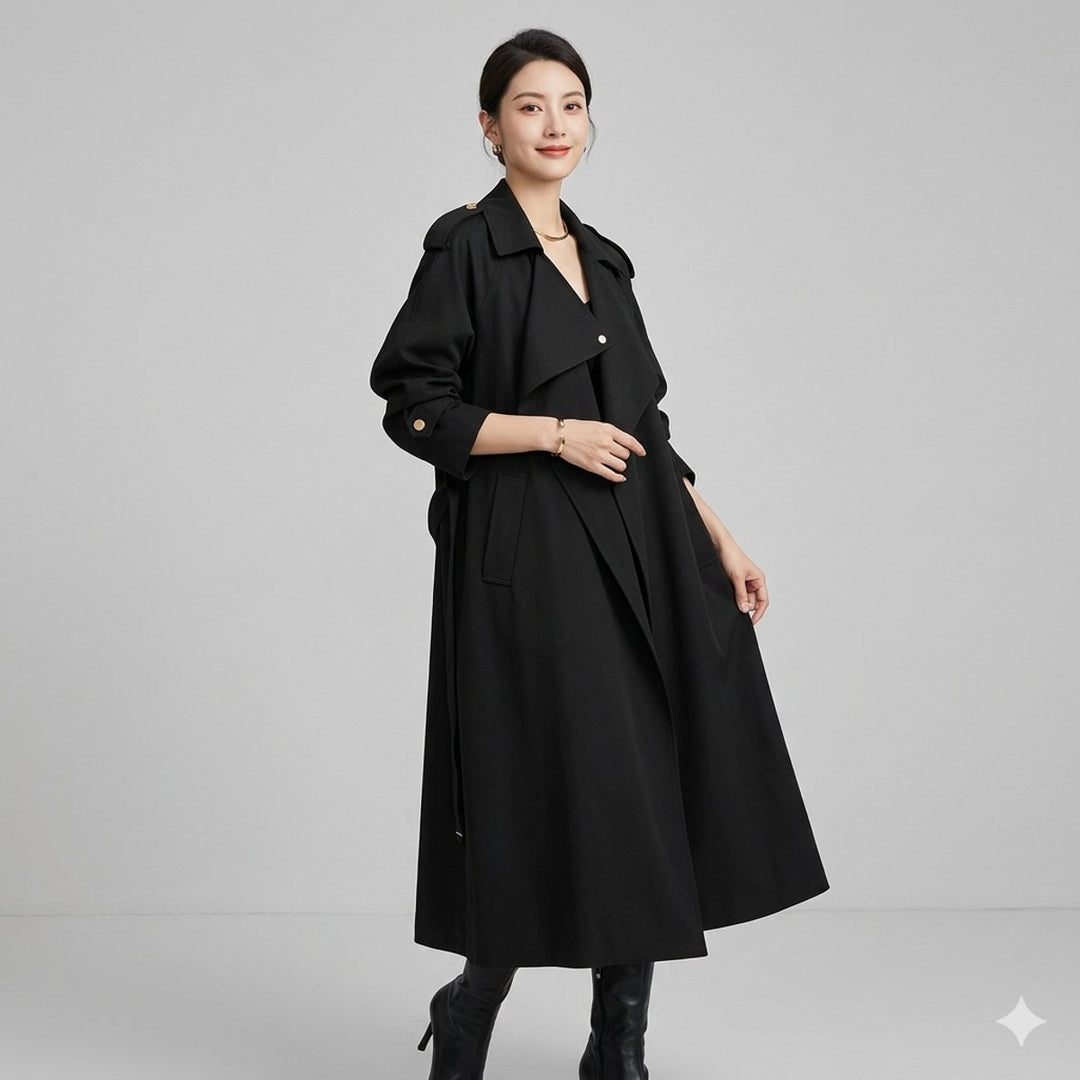 Women's Long Belted Open-Front Trench Coat