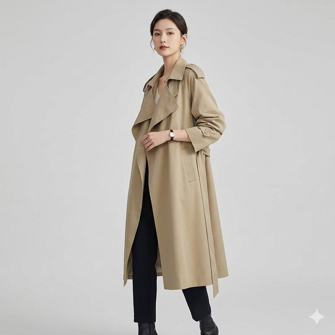 Women's Long Belted Open-Front Trench Coat