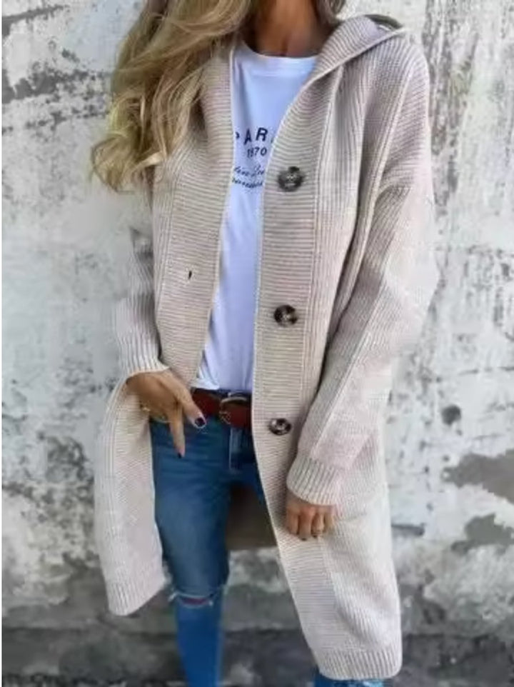 Women's Long Hooded Button-Front Knit Cardigan