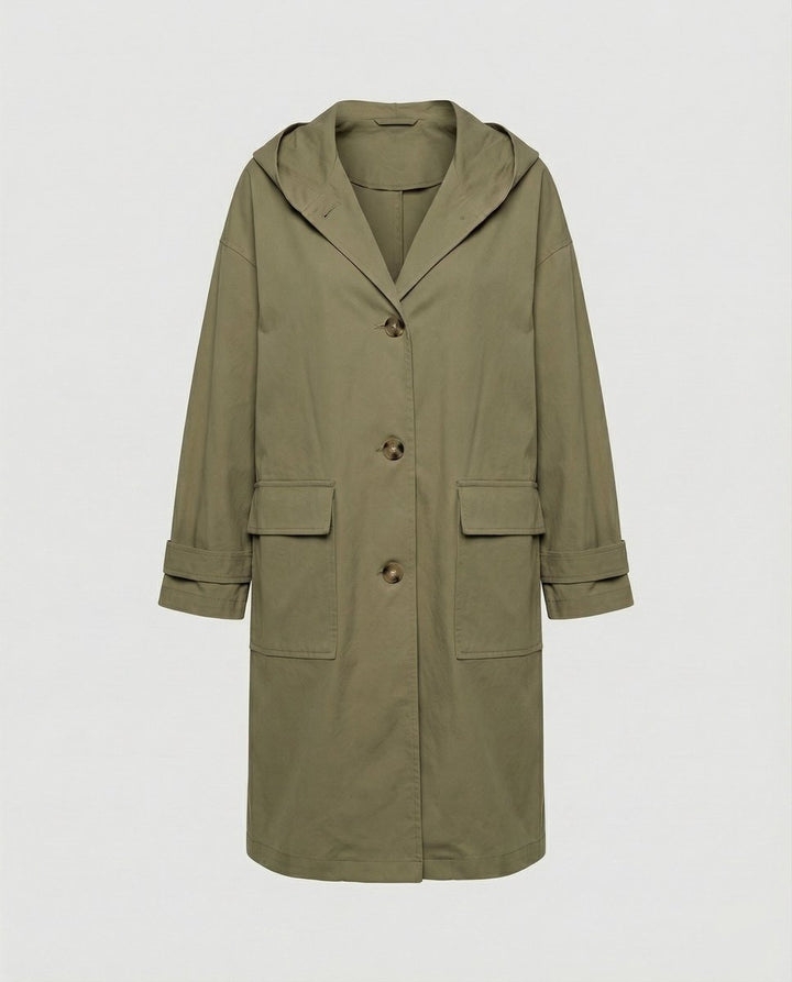 Women's Long Hooded Waterproof Windproof Trench Coat - Green