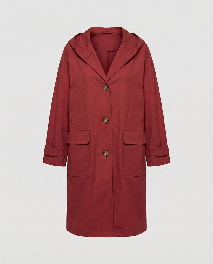 Women's Long Hooded Waterproof Windproof Trench Coat - Red
