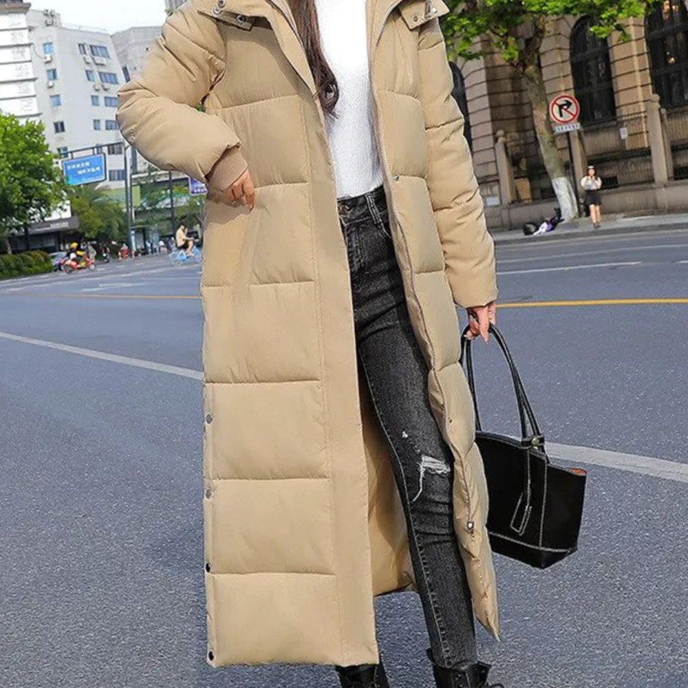 Women's Long Quilted Puffer Winter Coat Zip-Up Maxi Parka - Khaki
