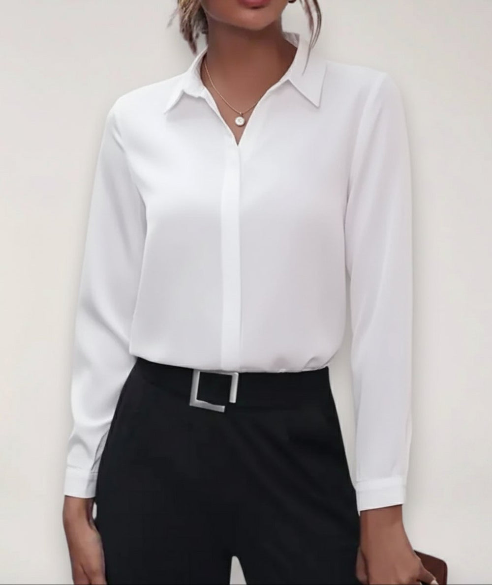 Women's Long-Sleeve Button-Front Collared Office Blouse