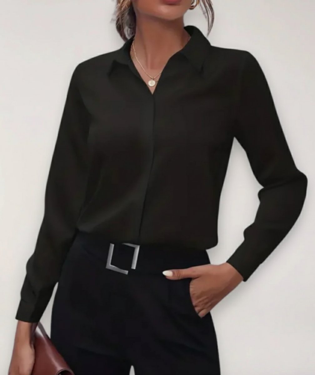 Women's Long-Sleeve Button-Front Collared Office Blouse