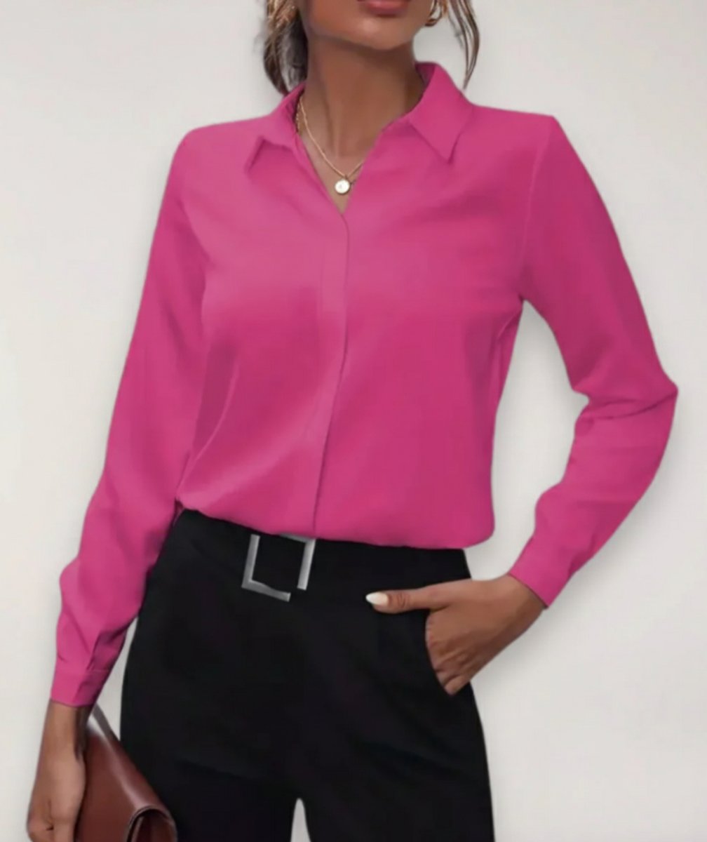 Women's Long-Sleeve Button-Front Collared Office Blouse