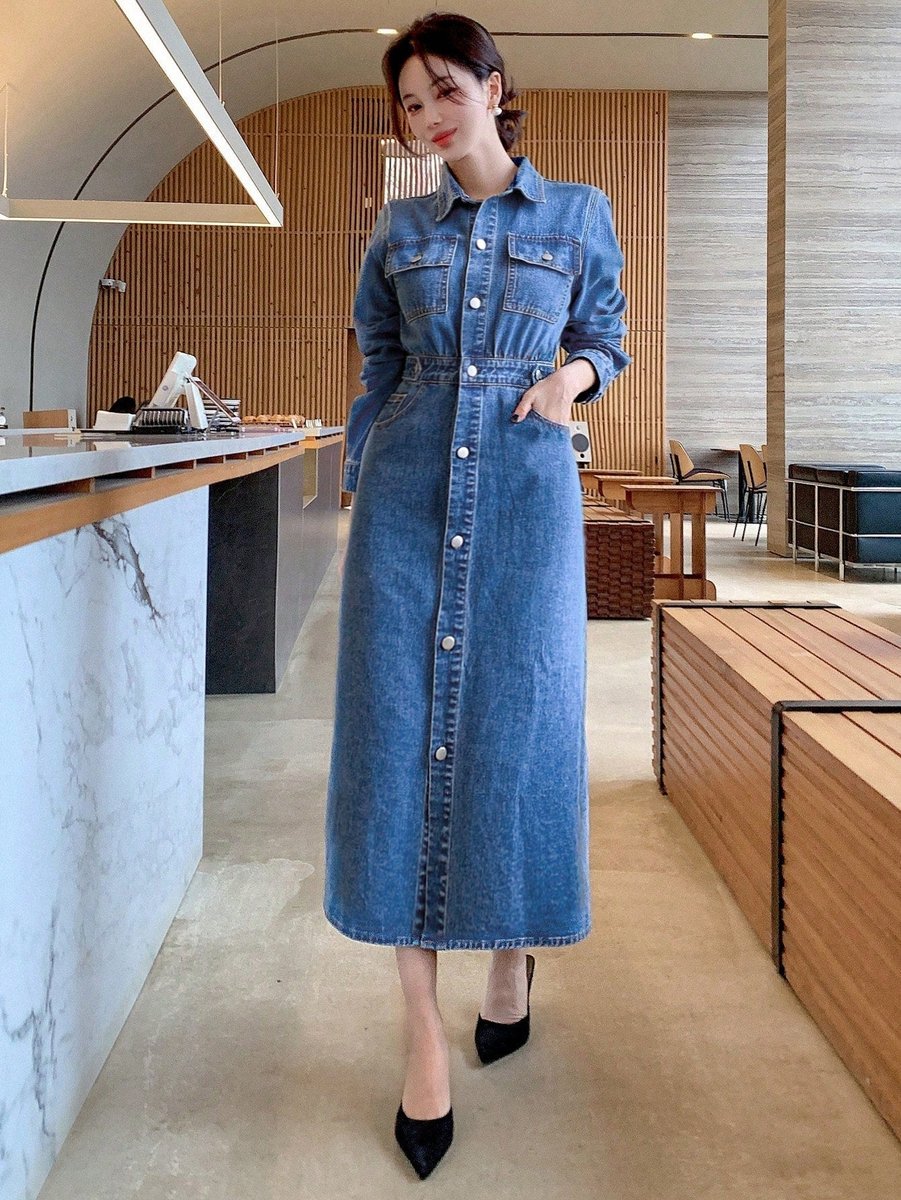 Women's Long Sleeve Button-Front Denim Fall Midi Dress High Waist