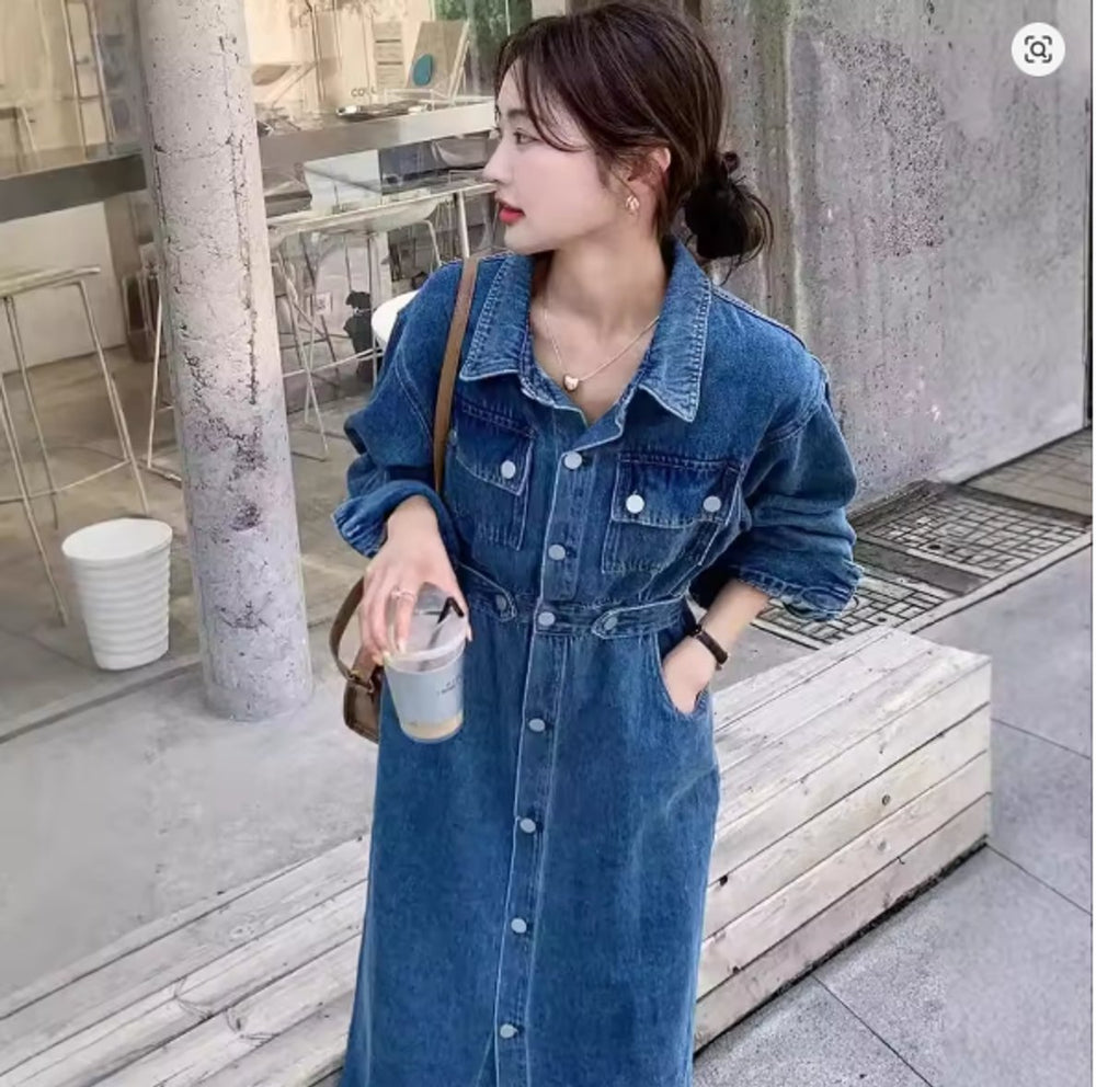 Women's Long Sleeve Button-Front Denim Fall Midi Dress High Waist