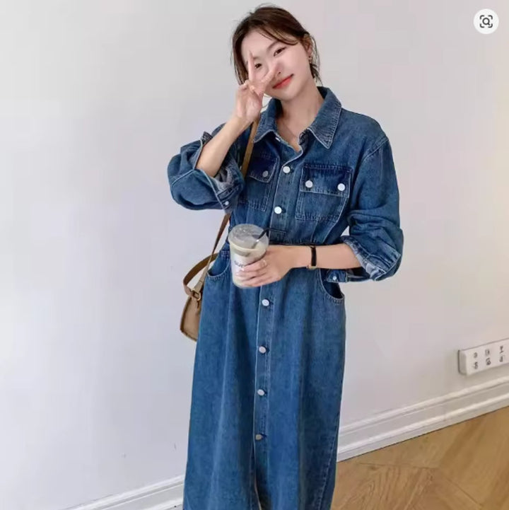 Women's Long Sleeve Button-Front Denim Fall Midi Dress High Waist