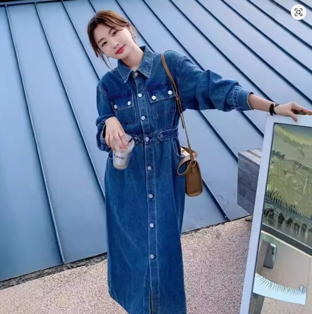 Women's Long Sleeve Button-Front Denim Fall Midi Dress High Waist