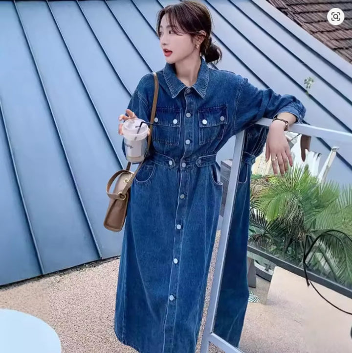 Women's Long Sleeve Button-Front Denim Fall Midi Dress High Waist