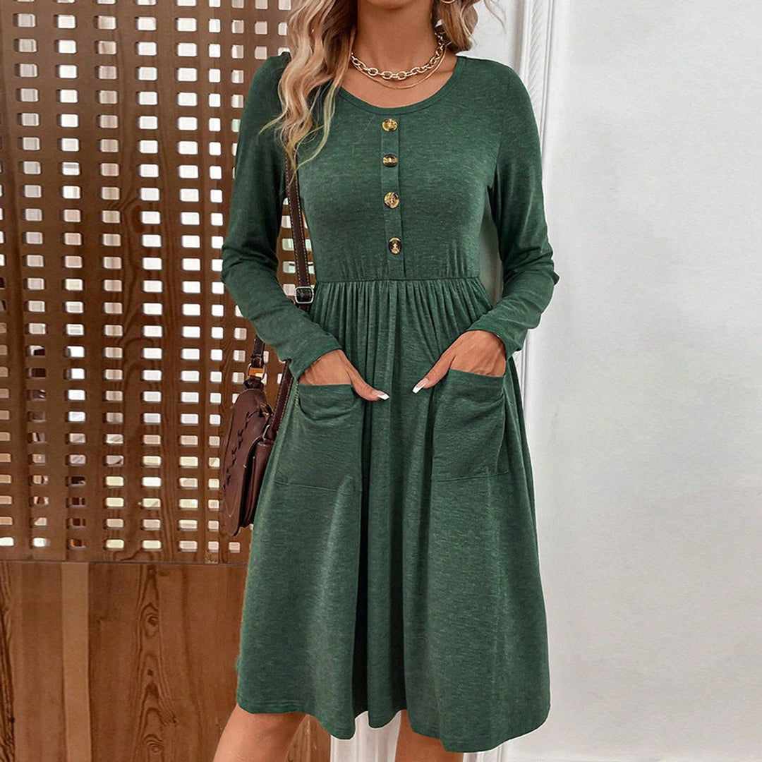 Women's Long Sleeve Button-Front Fall Midi Dress Pockets