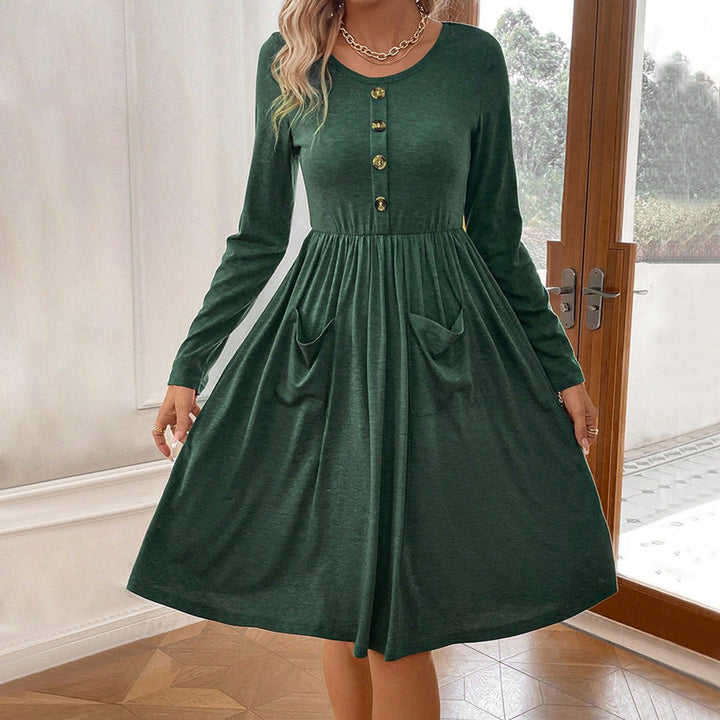 Women's Long Sleeve Button-Front Fall Midi Dress Pockets