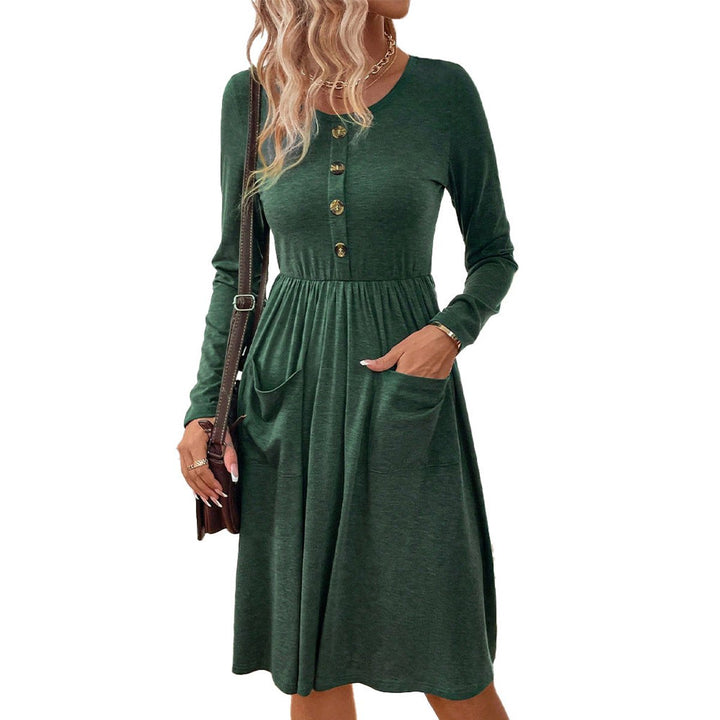 Women's Long Sleeve Button-Front Fall Midi Dress Pockets