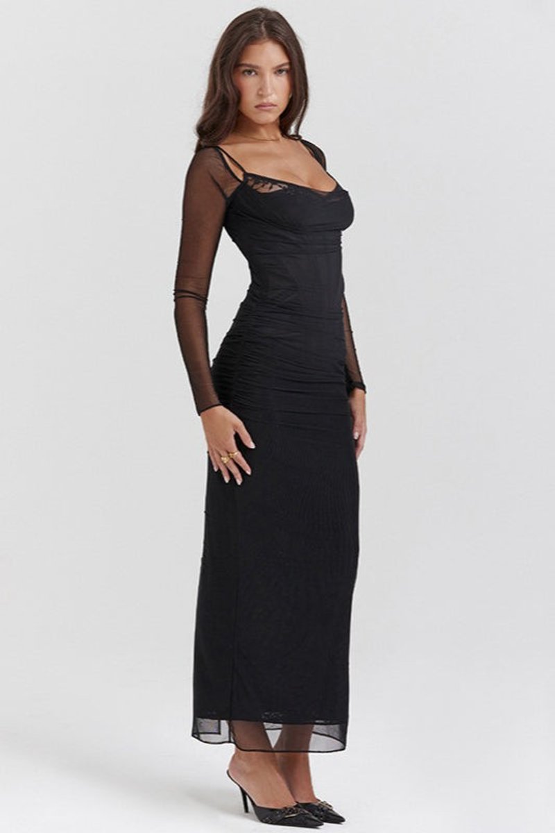 Women's Long-Sleeve Lace-Trim Ruched Maxi Fall Wedding Guest Dress