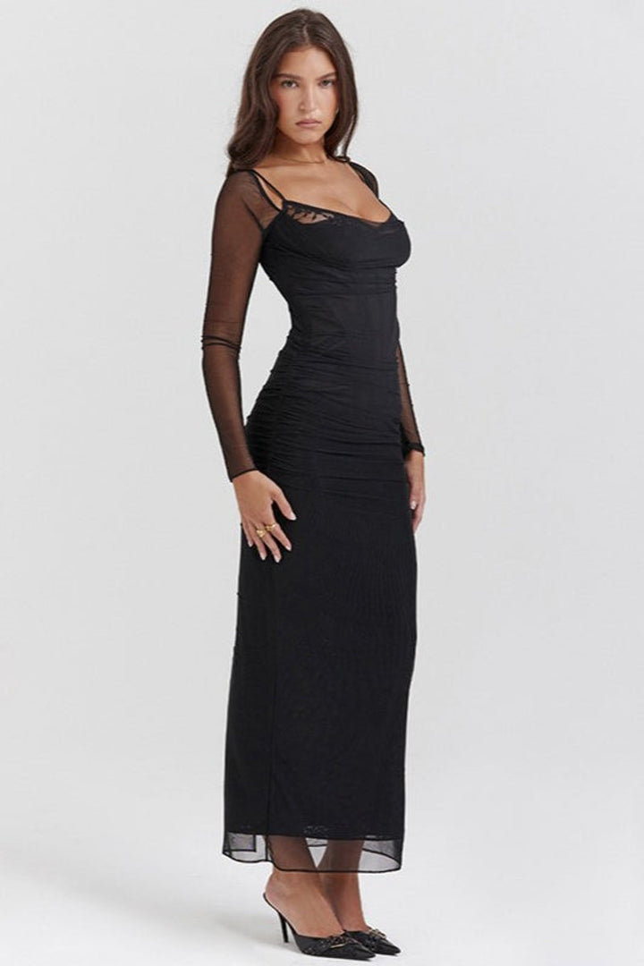 Women's Long-Sleeve Lace-Trim Ruched Maxi Fall Wedding Guest Dress