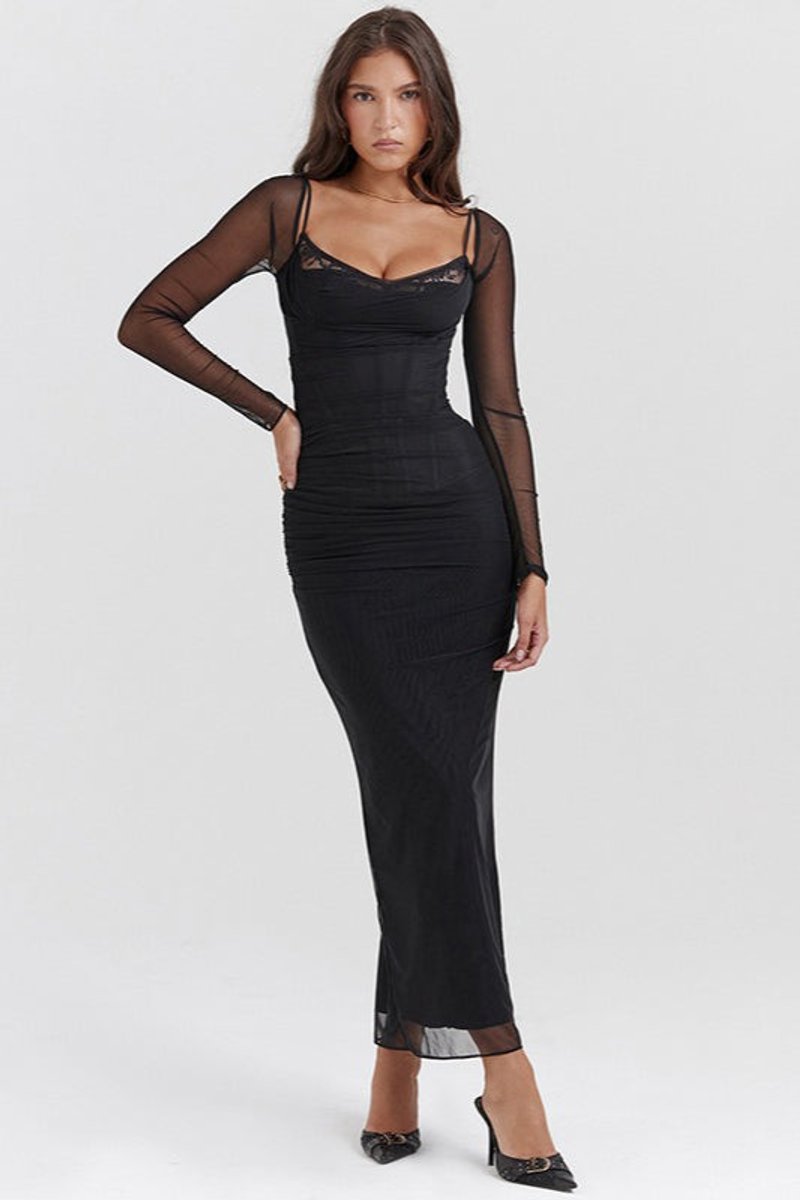 Women's Long-Sleeve Lace-Trim Ruched Maxi Fall Wedding Guest Dress