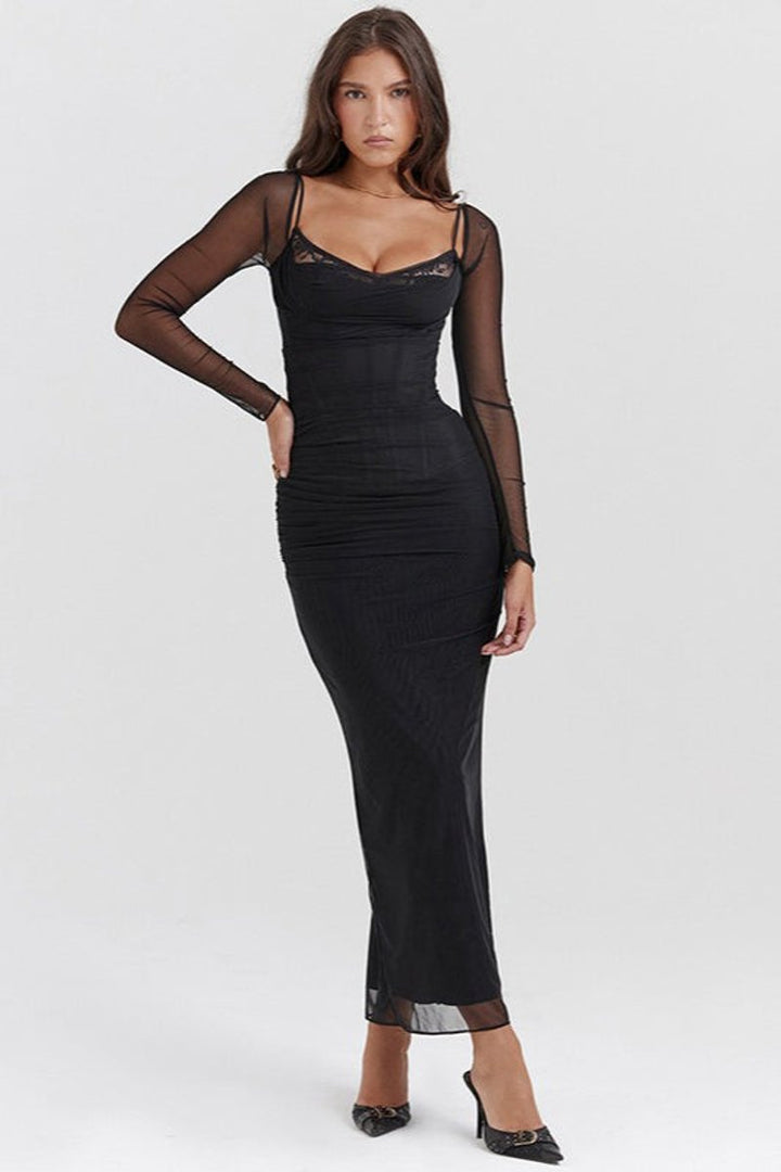 Women's Long-Sleeve Lace-Trim Ruched Maxi Fall Wedding Guest Dress