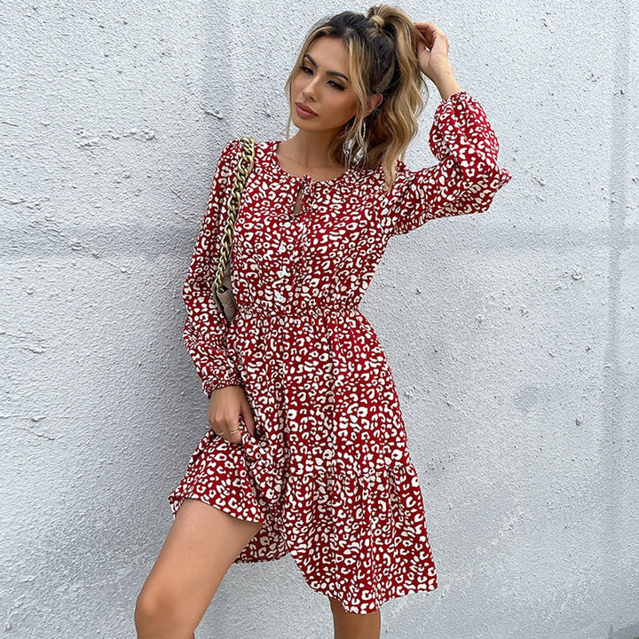 Women's Long Sleeve Leopard Print Fall Midi Dress Elastic Waist