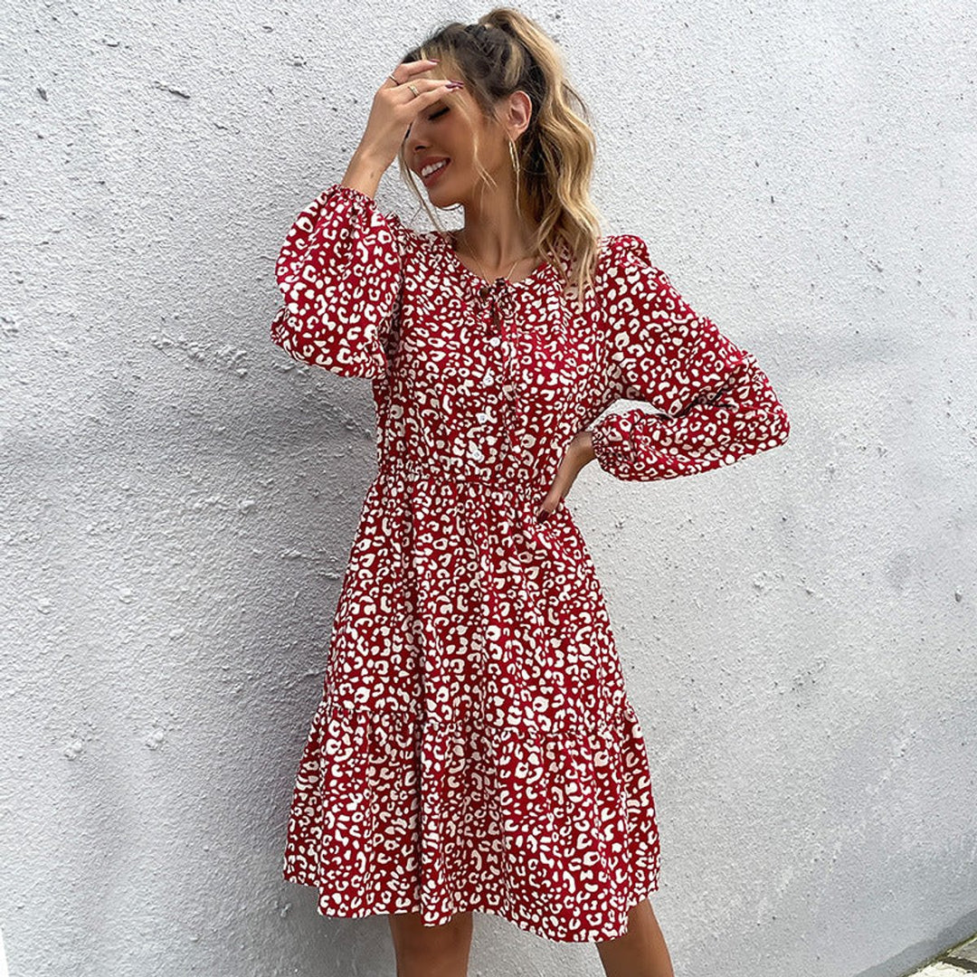 Women's Long Sleeve Leopard Print Fall Midi Dress Elastic Waist