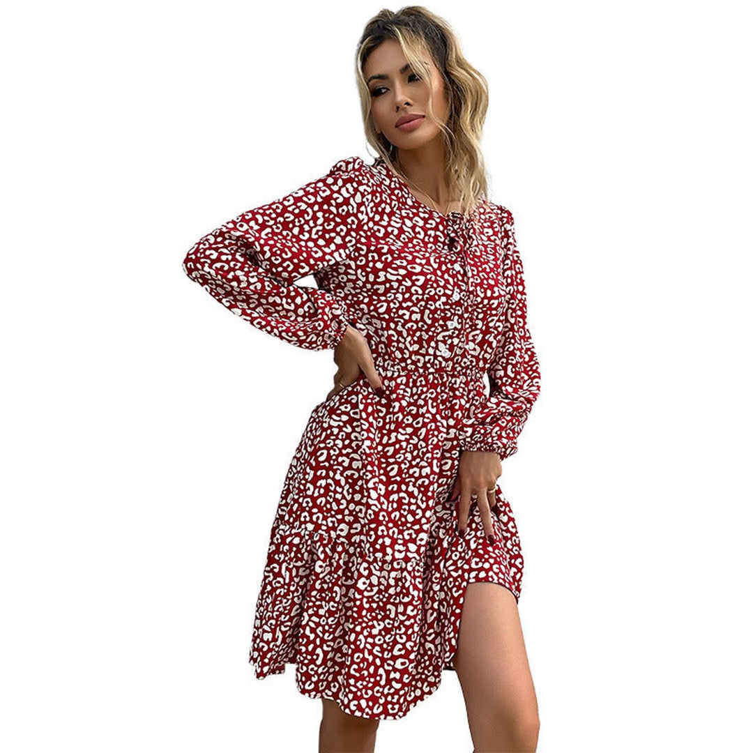 Women's Long Sleeve Leopard Print Fall Midi Dress Elastic Waist