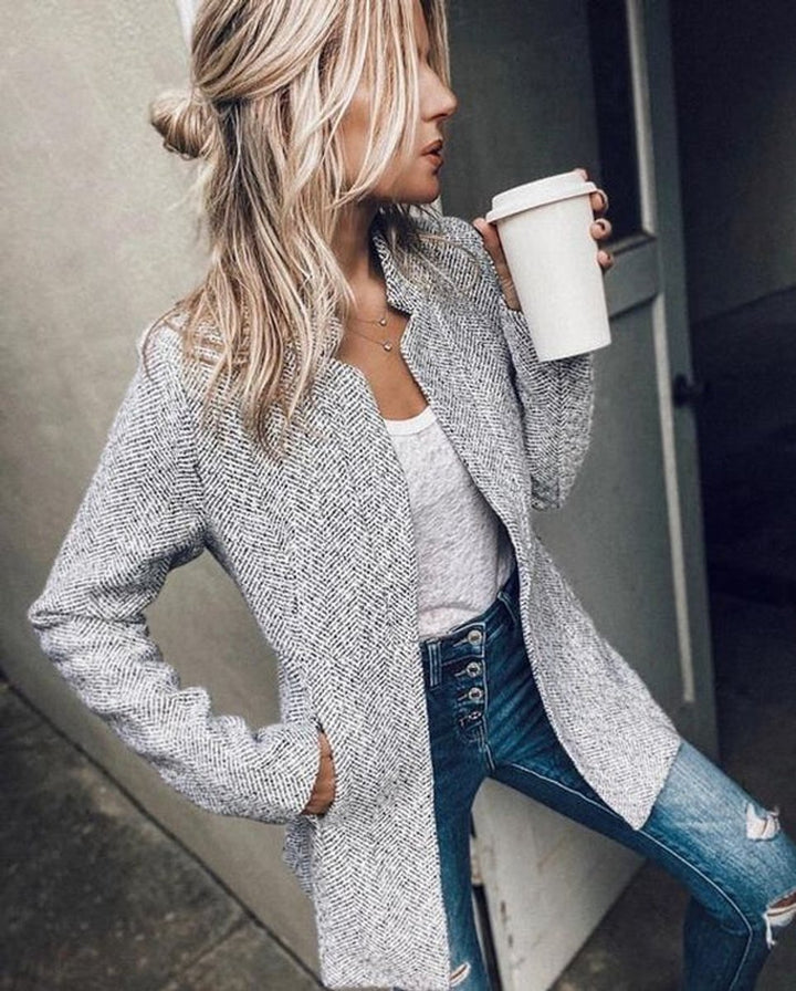 Women's Long Sleeve Open-Front Herringbone Blazer