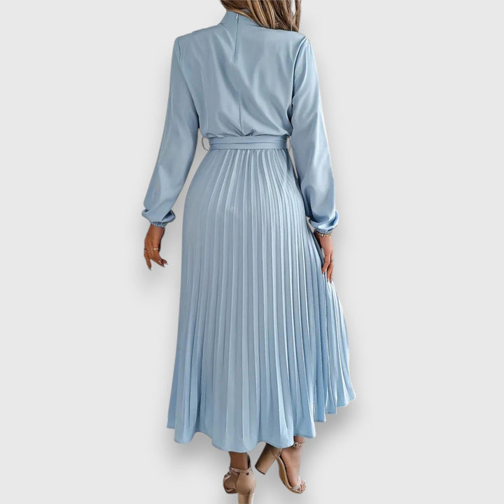 Women's Long-Sleeve Pleated Belted Fall Midi Dress